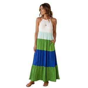Cato Tiered High Neck Color Block Maxi Dress Sz S Green/Blue Crinkle NWT